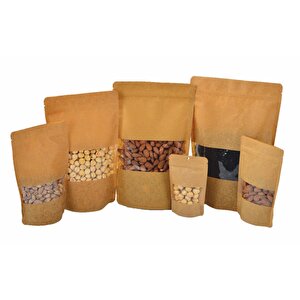 Doypack Pencereli Kraft Delikli Kilitli Kese Kağıdı - Orta Boy - 13x22x7 Cm. - 20 Adetlik 3 Paket