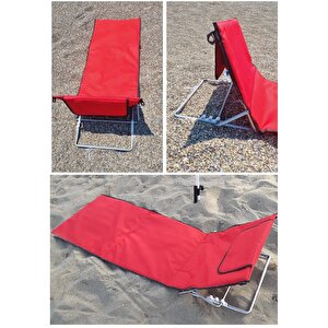 Pratik Katlanır Çantalı Şezlong Kademeli eğim ayarlı Minderli Taşınabilir Askılı Ped Sezlong Çim Plaj Piknik Kırmızı