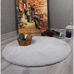 Dekoratif Tavşan Tüyü Ultra Yumuşak Peluş Yuvarlak Halı Gri 60x60 cm