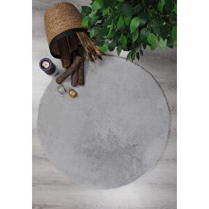 Dekoratif Tavşan Tüyü Ultra Yumuşak Peluş Yuvarlak Halı Gri 60x60 cm