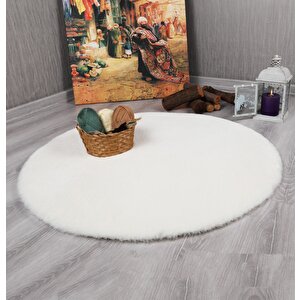 Dekoratif Tavşan Tüyü Ultra Yumuşak Peluş Yuvarlak Halı Krem 150x150 cm