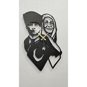 Atatürk Ve Annesi Zübeyde Hanım Siyah Metal Duvar Saati-ev/ofis Saati-hediye Saat 55x38 Cm