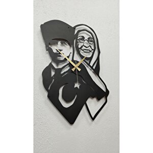 Atatürk Ve Annesi Zübeyde Hanım Siyah Metal Duvar Saati-ev/ofis Saati-hediye Saat 70x32 Cm