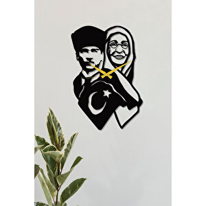 Atatürk Ve Annesi Zübeyde Hanım Siyah Metal Duvar Saati-ev/ofis Saati-hediye Saat 70x32 Cm