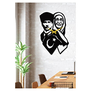 Atatürk Ve Annesi Zübeyde Hanım Siyah Metal Duvar Saati-ev/ofis Saati-hediye Saat 70x32 Cm
