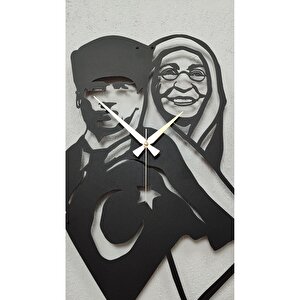 Atatürk Ve Annesi Zübeyde Hanım Siyah Metal Duvar Saati-ev/ofis Saati-hediye Saat 70x32 Cm