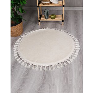 Modern Dekoratif Yuvarlak Puffy Peluş Ponpon Saçaklı Salon Oturma Odası Halısı Krem 100x100 cm