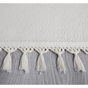 Modern Dekoratif Yuvarlak Puffy Peluş Ponpon Saçaklı Salon Oturma Odası Halısı Krem 100x100 cm