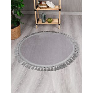 Modern Dekoratif Yuvarlak Puffy Peluş Ponpon Saçaklı Salon Oturma Odası Halısı Gri 60x60 cm
