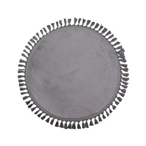 Modern Dekoratif Yuvarlak Puffy Peluş Ponpon Saçaklı Salon Oturma Odası Halısı Gri 60x60 cm