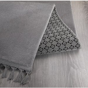 Modern Dekoratif Yuvarlak Puffy Peluş Ponpon Saçaklı Salon Oturma Odası Halısı Gri 60x60 cm