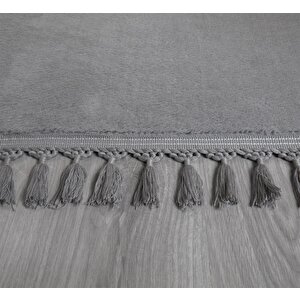 Modern Dekoratif Yuvarlak Puffy Peluş Ponpon Saçaklı Salon Oturma Odası Halısı Gri