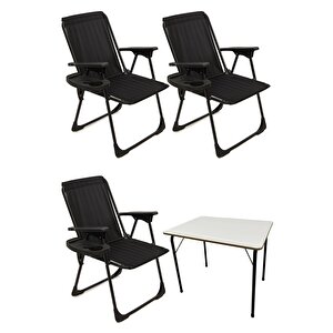 Natura 3 Adet Kamp Sandalyesi Katlanır Piknik Sandalye Oval Bardaklıklı Siyah Katlanır Mdf Masa Siyah