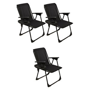 Natura 3 Adet Kamp Sandalyesi Katlanır Piknik Sandalye Oval Bardaklıklı Siyah Siyah