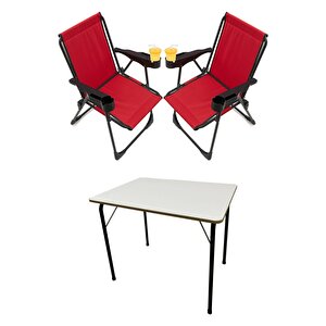 Silva 2 Adet Kamp Sandalyesi Bardaklıklı Lüks Piknik Sandalye Kırmızı + Katlanır Mdf Masa Kırmızı