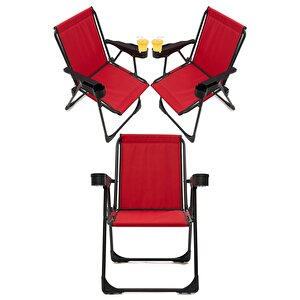 Silva 3 Adet Kamp Sandalyesi Bardaklıklı Lüks Piknik Sandalye Kırmızı Kırmızı