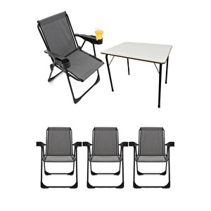 4 Adet Kamp Sandalyesi Bardaklıklı Lüks Piknik Sandalye Gri + Katlanır Mdf Masa