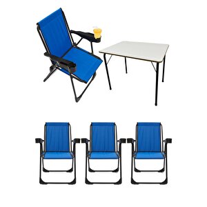 Silva 4 Adet Kamp Sandalyesi Bardaklıklı Lüks Piknik Sandalye Mavi + Katlanır Mdf Masa Mavi