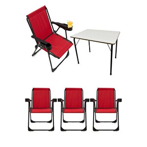 Silva 4 Adet Kamp Sandalyesi Bardaklıklı Lüks Piknik Sandalye Kırmızı + Katlanır Mdf Masa Kırmızı