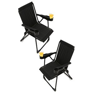 2 Adet Kamp Sandalyesi Bardaklıklı Lüks Piknik Sandalye Siyah
