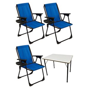 Natura 3 Adet Kamp Sandalyesi Katlanır Piknik Sandalye Oval Bardaklıklı Mavi Katlanır Mdf Masa
