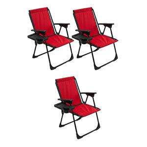 Natura 3 Adet Kamp Sandalyesi Katlanır Piknik Sandalye Dikdörtgen Bardaklıklı Kırmızı Kırmızı
