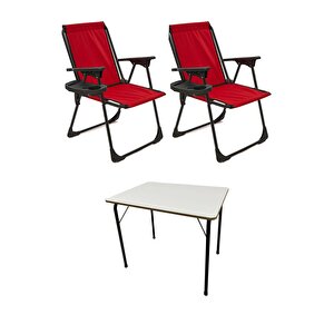 Natura 2 Adet Kamp Sandalyesi Katlanır Piknik Sandalye Oval Bardaklıklı Kırmızı Katlanır Mdf Masa Kırmızı