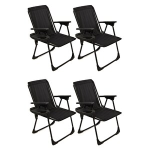 Natura 4 Adet Kamp Sandalyesi Katlanır Piknik Sandalye Oval Bardaklıklı Siyah Siyah