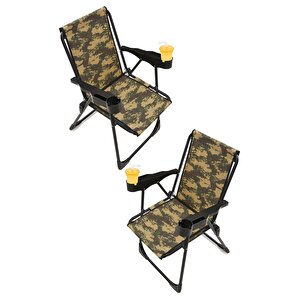 2 Adet Kamp Sandalyesi Bardaklıklı Lüks Piknik Sandalye Kamuflaj