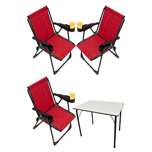 Silva 3 Adet Kamp Sandalyesi Bardaklıklı Lüks Piknik Sandalye Kırmızı + Katlanır Mdf Masa Kırmızı