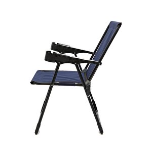 Silva 2 Adet Kamp Sandalyesi Bardaklıklı Lüks Piknik Sandalye Lacivert + Katlanır Mdf Masa