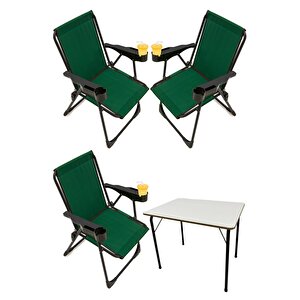 Silva 3 Adet Kamp Sandalyesi Bardaklıklı Lüks Piknik Sandalye Yeşil + Katlanır Mdf Masa Yeşil