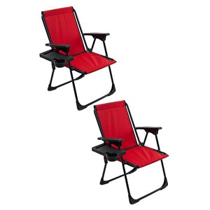Natura 2 Adet Kamp Sandalyesi Katlanır Piknik Sandalye Dikdörtgen Bardaklıklı Kırmızı Kırmızı