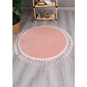 Modern Dekoratif Yuvarlak Puffy Peluş Ponpon Saçaklı Salon Oturma Odası Halısı Pembe 80x80 cm