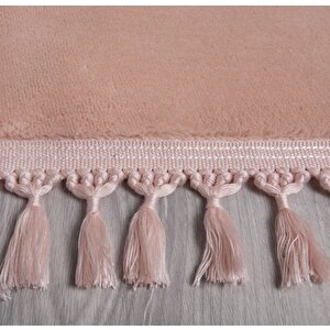 Modern Dekoratif Yuvarlak Puffy Peluş Ponpon Saçaklı Salon Oturma Odası Halısı Pembe 80x80 cm