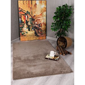 Dekoratif Puffy Peluş Yumuşak Yıkanabilir Kaymaz Taban Kesme Halı Yolluk Vizon 100x350 cm