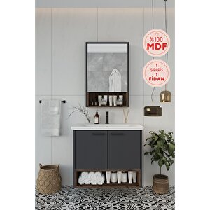 Banyo Karanfil Demonte 80 Cm Antrasit Lavabolu Banyo Dolabı Aynalı Üst Dolap