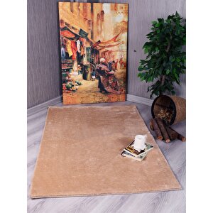 Dekoratif Puffy Peluş Yumuşak Yıkanabilir Kaymaz Taban Kesme Halı Yolluk Bej 120x180 cm