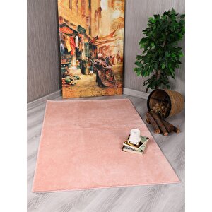 Dekoratif Puffy Peluş Yumuşak Yıkanabilir Kaymaz Taban Kesme Halı Yolluk Pembe 100x150 cm