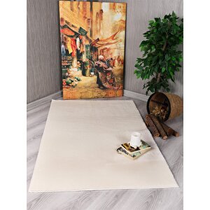 Dekoratif Puffy Peluş Yumuşak Yıkanabilir Kaymaz Taban Kesme Halı Yolluk Krem 100x200 cm
