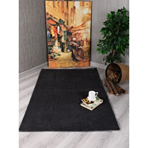 Dekoratif Puffy Peluş Yumuşak Yıkanabilir Kaymaz Taban Kesme Halı Yolluk Antrasit 200x200 cm