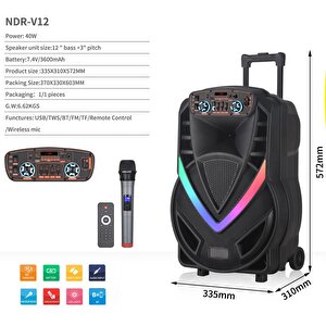 Torima Ndr-v12 Siyah Mikrofonlu Kumandalı Rgb Ledli Taşınabilir Tekerlekli Bluetooth Hoparlör