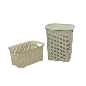 Sağlam Plastik Rattan Hasır Görünümlü Kirli Çamaşır Sepeti- Çamaşır Sepeti 2'li Set Çölbeji