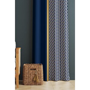 Baskılı Modern Desenli Salon Ve Yatak Odası Tek Kanat Kadife Doku Fon Perde - Mavi 140x260 cm