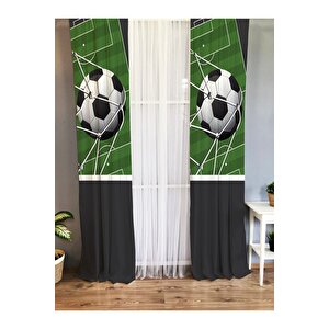 Baskılı Futbol Topu Ve Sahası Desenli Tek Kanat Kadife Doku Fon Perde - Yeşil Ve Siyah 140x260 cm