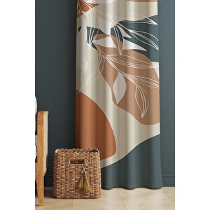 Baskılı Yaprak Desenli Salon Ve Yatak Odası Tek Kanat Kadife Doku Fon Perde - Turuncu Ve Mavi 70x260 cm