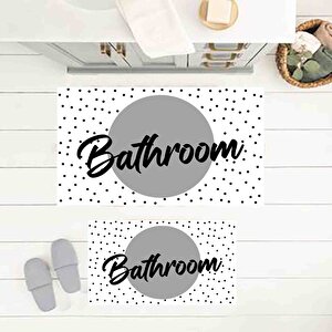 Bathroom Yazılı Klozet Takımı, Dekoratif Banyo Paspası, Gri Renk Paspas, Kaymaz Taban Banyo Paspası, Yıkanabilir Klozet Takımı,