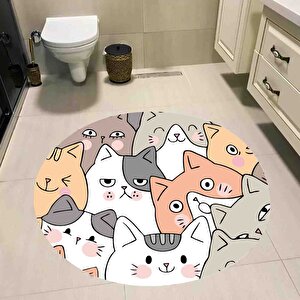 Kedi Desenli Banyo Paspası, Yuvarlak Banyo Paspası, Kaymaz Taban Paspas, Yıkanabilir Paspas, 80x80 Cm