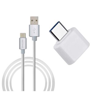 3a 60w Usba To Type-c 1.2m Hızlı Şarj Ve Data Kablosu Beyaz + Schitec Type-c To Usba 3.0 Dönüştürücü Adaptör