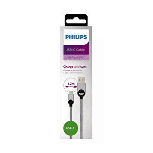 Philips 5a 100w Usba To Type-c Örgülü 1.2m Hızlı Şarj Ve Data Kablosu Gri + Schitec Type-c To Usba 3.0 Dönüştürücü Adaptör